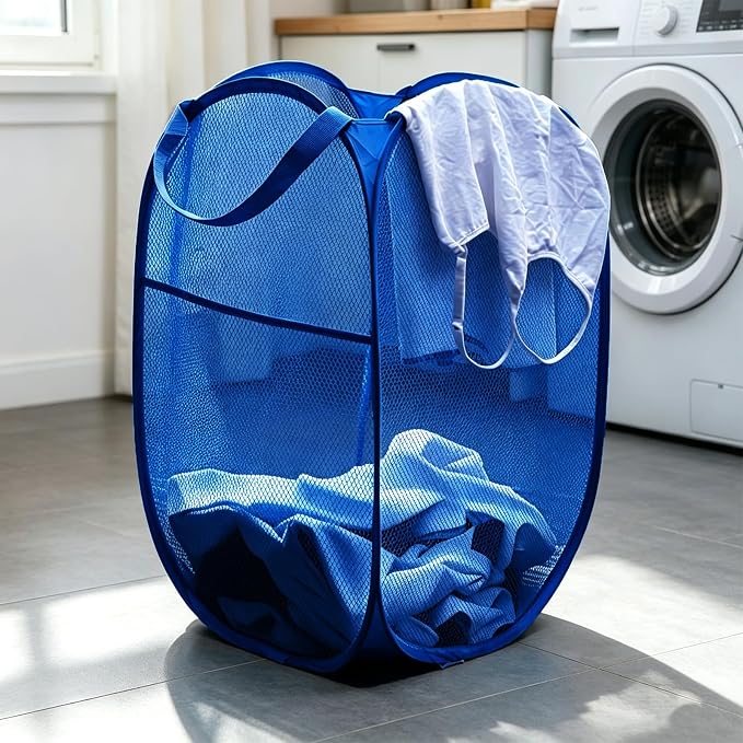 Larpur Mesh Laundry Basket, Pop up Laundry Hamper with Handles, Collapsible Clothes Basket for Travel, College, Dorm, Royal Blue