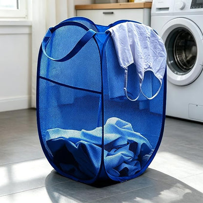 Larpur Mesh Laundry Basket, Pop up Laundry Hamper with Handles, Collapsible Clothes Basket for Travel, College, Dorm, Royal Blue