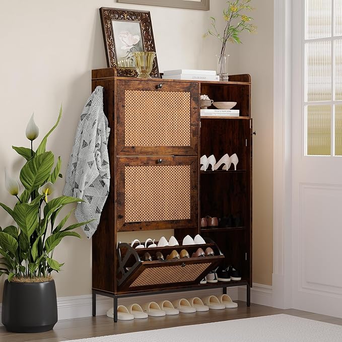 Rattan Wooden Shoe Cabinet, Freestanding 3-Flip Drawer Shoe Storage Organizer, Side Cabinet & Top Fence, Easy Assembly Shoe Rack for Entryway Hallway Living Room, Brown