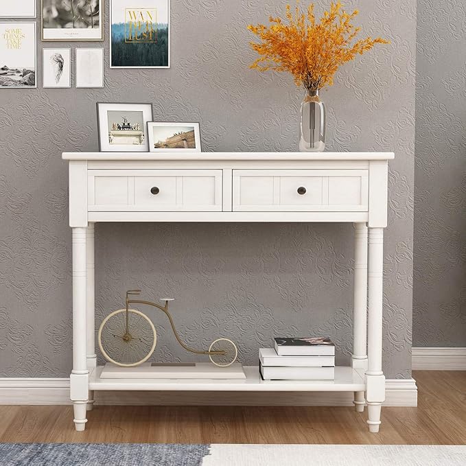 Knocbel 35.5 Inch Antique Entry Console Table with Drawers & Bottom Open Shelf, Solid Wood Sofa Couch Table for Entryway Hallway Living Room (Ivory White)