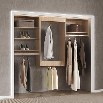 Modular Closet System, 96" Wide Closet Organizer System with Hanging Shelving , Wood Tower Closet Storage for Walk In Closets, Wall Mounted Wardrobe Organizer Kit System, Bedroom, Wood