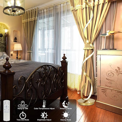 3 Color Light Modern Gold Floor Lamp,57" Dimmable Tall Lamp with Foot Switch,Remote Control,Spiral Standing Beside Lamp for Living Room,Bedroom,Dining Room(Gold)