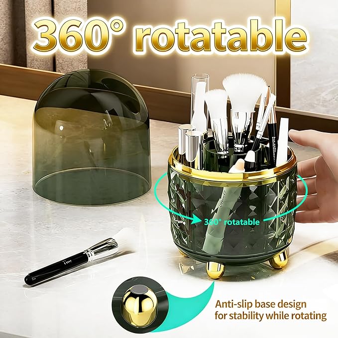 360° Rotating Pencil Holder for Desk, Makeup Brush Holder with 6 Slots, Desk Organizer for Writing Utensil, Office and School Supplies (Green with cover)