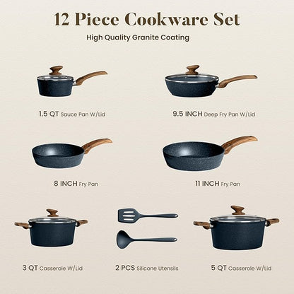 Kitchen Academy Pots and Pans Set Non Stick - 12 Piece Induction Kitchen Cookware Sets, Blue Granite Nonstick Cooking Pans Set