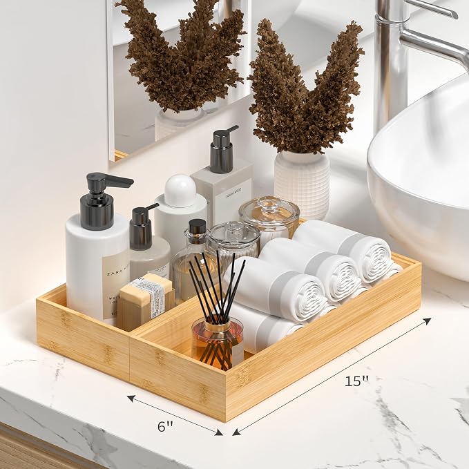 Kitchen Drawer Organizer Tray, Stackable Bamboo Deep Drawer Organizer for Large Silverware, Utensils, Cutlery, Flatware,Junk Drawer, Dresser, Bathroom, 17" x 6" x 2.5" (Set of 2)