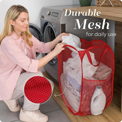 Handy Laundry Collapsible Mesh Pop Up Laundry Hamper 2-Pack – Space-Saving, Breathable Basket with Wide Opening & Side Pocket, Durable & Foldable for Clothes, Storage, Travel, Dorm, Red