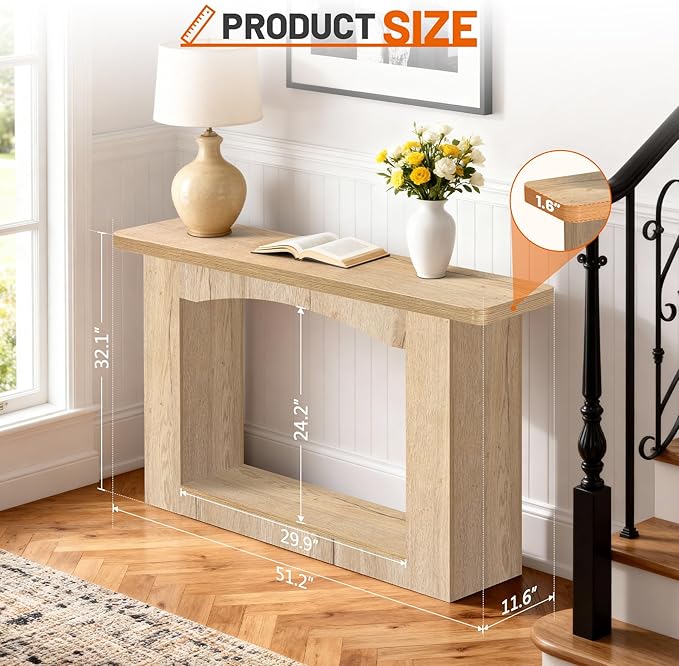 51 Inch Entryway Table U-Shaped Extension, 1.6 Inch Thick Desktop Wooden Console Table with Socket Farmhouse Sofa Table for Entrance, Hallway, Living Room,Behind Couch((Natural Brown)