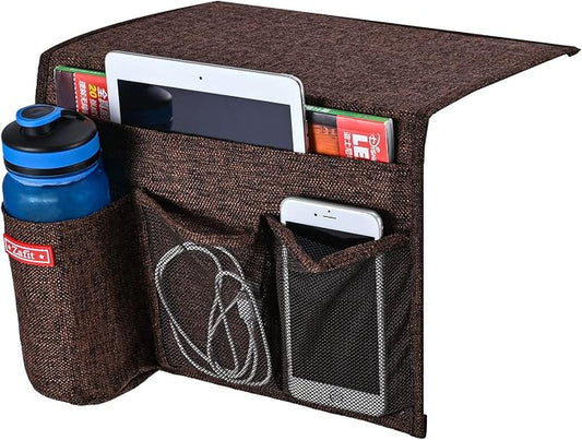 Zafit Linen 4 Pockets Bedside Caddy, Bedside Storage Organizer for Magazine, Remotes, Phone (Coffee)