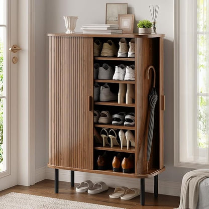 ONBRILL 6-Tier Shoe Cabinet with Sliding Door, Wooden Shoe Storage Cabinet with Adjustable Shelves, Mid-Century Modern Freestanding Shoe Storage Organizer for Entryway, Hallway, Living Room, Walnut