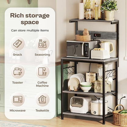 SUPERJARE Kitchen Bakers Rack with Power Outlet, Coffee Bar Table 4 Tiers, Kitchen Microwave Stand with 6 S-Shaped Hooks, Storage Shelf Rack for Spices, Pots and Pans - Charcoal Gray