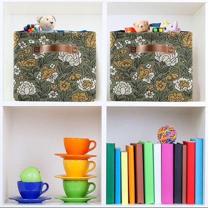 Beautiful Flowers Storage Baskets with Handles Fabric Foldable Baskets for Home Organizer Closet Bedroom Bathroom Office (1-Pack)