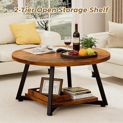Round Coffee Table for Living Room, 27.6“ Circle Coffee Table, 2-Tier Industrial Coffee Tables with Storage, Wood Coffee Table, Modern Accent Table for Apartment, Office, Small Space, Rustic Brown