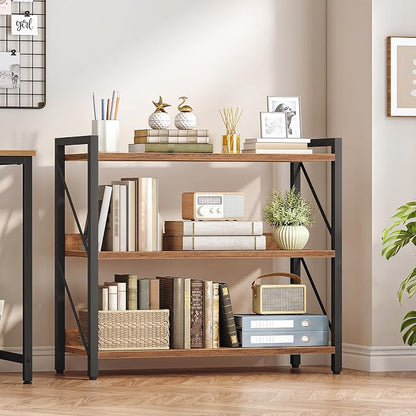 HOOBRO Bookshelf, 3-Tier Industrial Bookcase, Book Shelf Storage Organizer, Bookshelf with Metal Frame for Living Room, Bedroom, Home Office, Kitchen, Rustic Brown and Black BF718SJ01