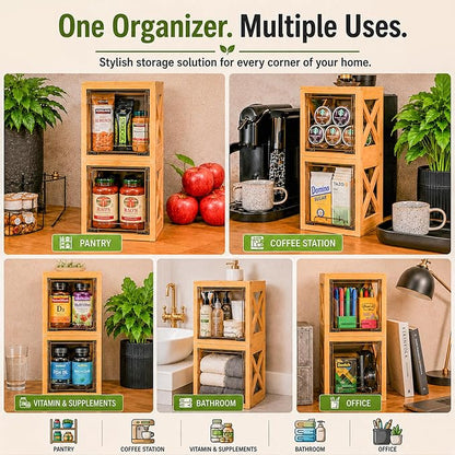 Stackable Bamboo Snack Drawer Organizer (2 Pack) – Pull-Out Storage Bins with Clear Acrylic Drawers – Pantry Storage for Snacks, Coffee Pods, Spices & K-Cups