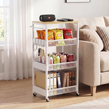 Rolling Utility Cart, 4 Tier 11.8" Wide Metal Storage Cart with Handle and Wood Top, Multifunctional Mobile Shelf Unit Organizer Trolley for Laundry, Bathroom, Kitchen