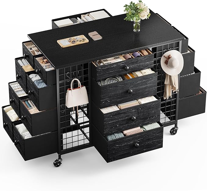 EnHomee 24 Drawers Black Dresser for Bedroom, Dressers & Chests of Drawers with 4 Wheels and 40“ * 23” Wide Wooden Top, Metal Frame, Organizer Island with Hooks for Bedroom, Cloakroom, Dressing Room