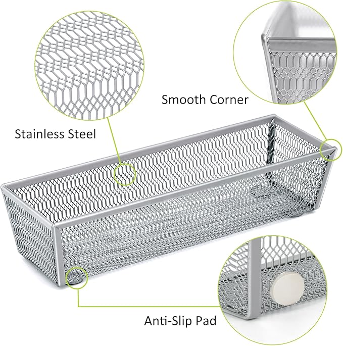 Neudeco Silverware Organizer, Silver, 9 * 3 * 2 inch, Pack 6 | Mesh Drawer Organizer, Metal Utensil Organizer, For Flatware, Knives, Spoons, Cosmetic
