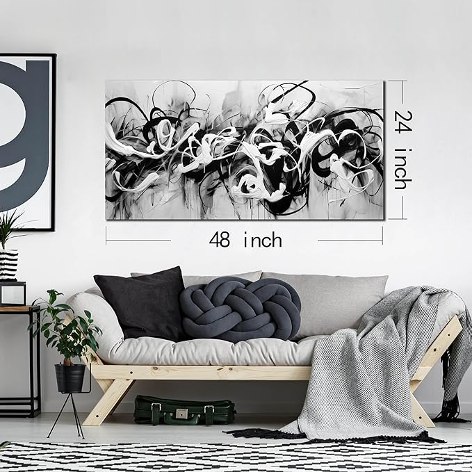 Abstract Canvas Wall Art for Living Room Bedroom Office Black and White Wall Art Abstract Line Picture Framed Wall Decor Modern Canvas Prints 24x48 In