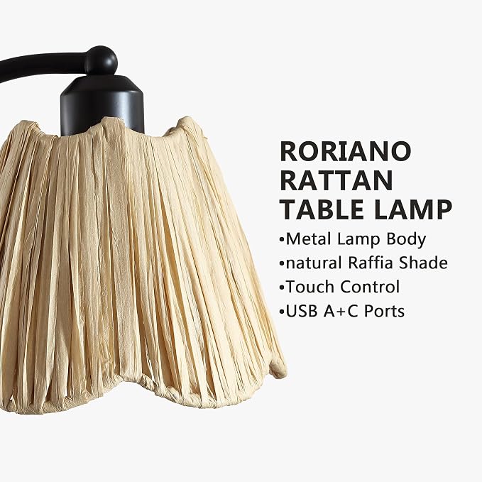 Set of 2 Vintage Small Touch Table Lamps with USB A+C Ports | 3-Way Dimmable Bedside Lamp, Retro Rattan Shade Curved Arm Desk Lamp for Bedroom Living Room Nightstand, Bulb Included