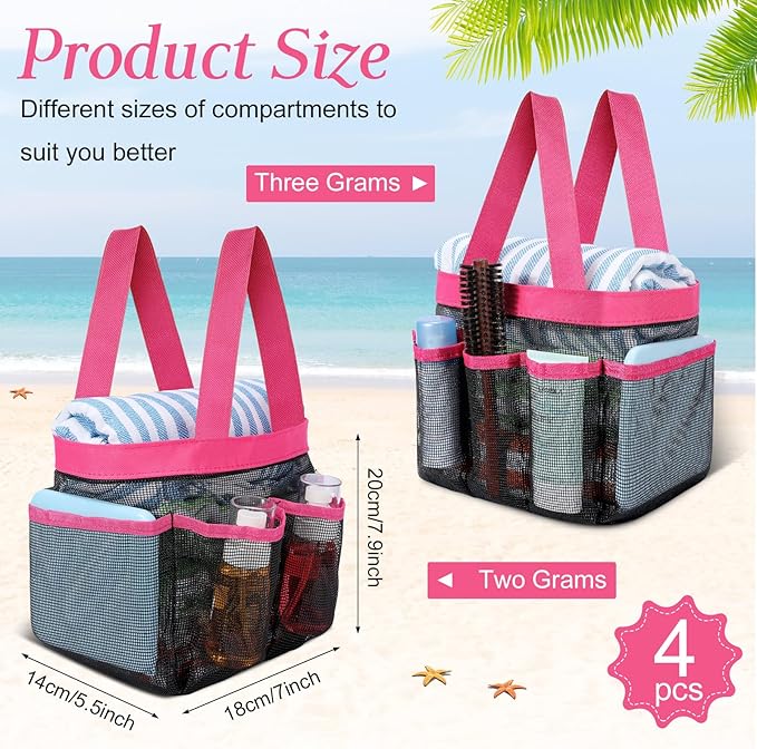 Hillban 4 Pcs Mesh Shower Caddy Portable Shower Caddy for Dorm Beach Mesh Bags with Deeper 8 Pockets and Handles Showers Caddies Basket for Women College Room Vacation(White, Pink, Green, Rose Red)