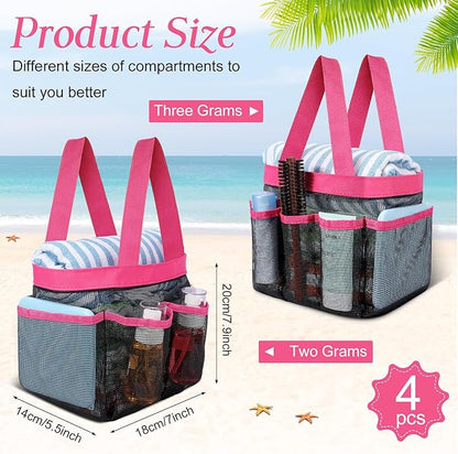 Hillban 4 Pcs Mesh Shower Caddy Portable Shower Caddy for Dorm Beach Mesh Bags with Deeper 8 Pockets and Handles Showers Caddies Basket for Women College Room Vacation(White, Pink, Green, Rose Red)