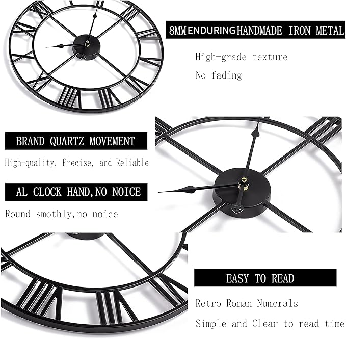 Silent Non-Ticking Decorative Large 24 Inch Metal Vintage Retro Roman Numerals Wall Clock, Battery Operated for Living Room, Bedroom, Kitchen, Office, Cafe Farmhouse Decor