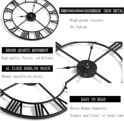 Silent Non-Ticking Decorative Large 24 Inch Metal Vintage Retro Roman Numerals Wall Clock, Battery Operated for Living Room, Bedroom, Kitchen, Office, Cafe Farmhouse Decor