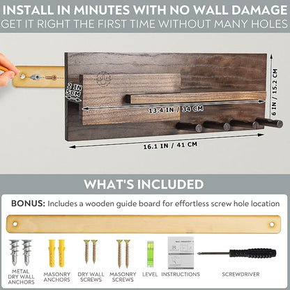 Solid Wood Mail and Key Holder for Wall Decorative Display - Includes Mail Holder, Shelf with Hooks for Keys & Pegs for Hanging Hats, Coats, Bags, Backpacks & More - Sleek Modern Design, Walnut Brown