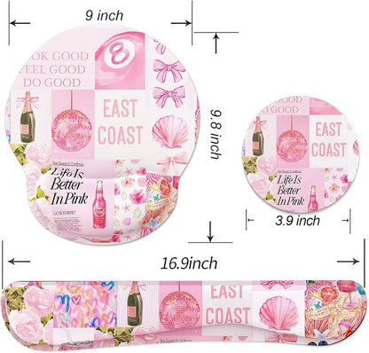Ergonomic Mouse Pad with Wrist Rest and Keyboard Wrist Rest, Mousepad and Wrist Rest for Computer Keyboard, Pain Relief, Non-Slip Rubber Base, Mouse Pad with Wrist Support for Gaming, Pink Collage