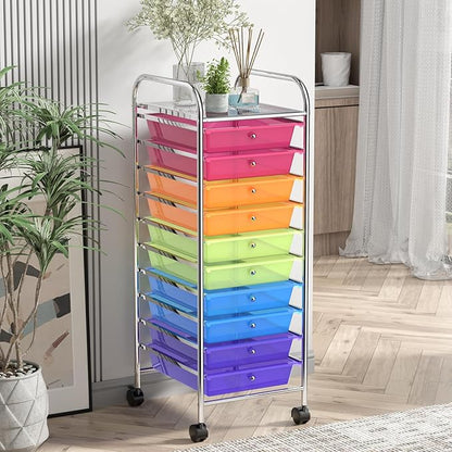 OFFICEJOY Storage Cart, Rolling Utility Cart with 10 Drawers, Portable Handles & Lockable Wheels, Mobile Paper Toys Storage Organizer Large Capacity for Home Office School Teacher (Rainbow)