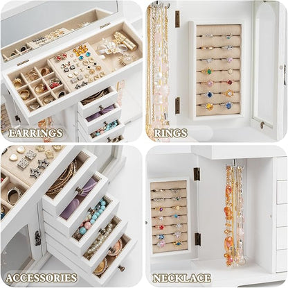 Miratino Jewelry Box for Women Girls, Wooden Jewelry Organizer Box with Mirror, 5 Layer Jewelry Storage Case Display for Necklaces Earrings Rings Bracelets Valentine's Day Gifts