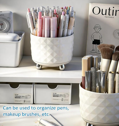 360° Rotating Pencil Holder for Desk, Makeup Brush Holder with 6 Slots, Desk Organizer for Writing Utensil, Office and School Supplies (Milky White)