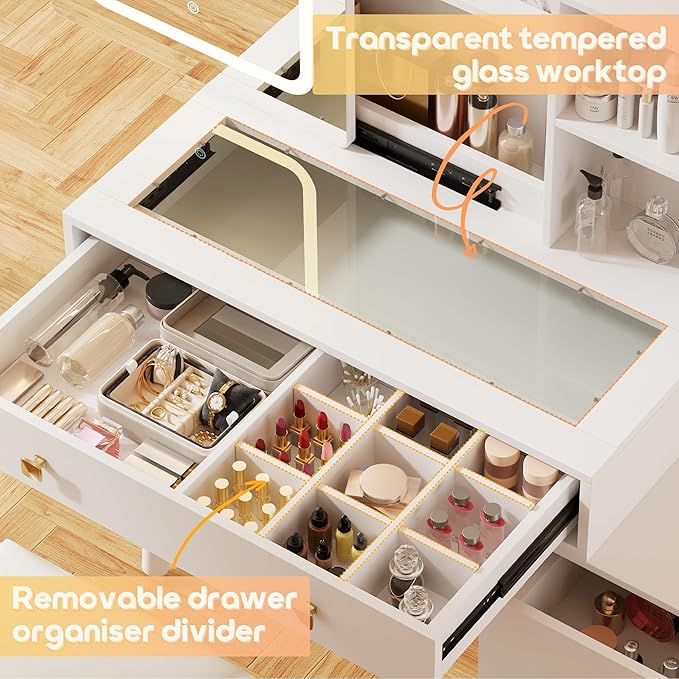 KAMABOKO Vanity Desk with Sliding Mirror and Lights, Makeup Vanity Table with 4 Drawers & Storage Rack &Power Outlet & Stool, White Dressing Table with Glass Transparent Top for Bedroom