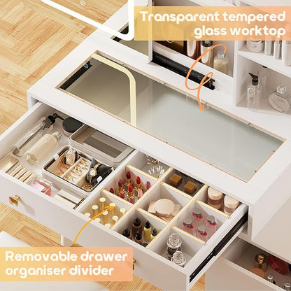 KAMABOKO Vanity Desk with Sliding Mirror and Lights, Makeup Vanity Table with 4 Drawers & Storage Rack &Power Outlet & Stool, White Dressing Table with Glass Transparent Top for Bedroom