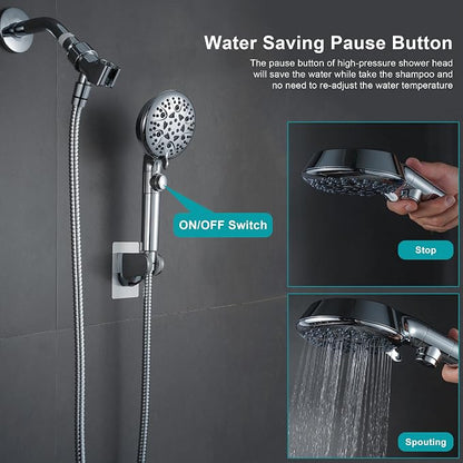 GwernKB Handheld Shower Head with On Off Switch 8-Mode High Pressure Showerhead with 79 Inches Extra-long Stainless Steel Hose and Bracket PLUS Extra Low-Reach Adhesive Wall Mount for Kids,Silver…