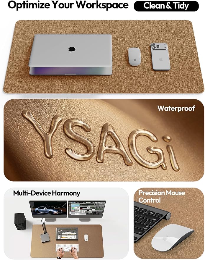 YSAGi Leather Desk Protector, Office Mat, Large Mouse Mat, Non-Slip PU Leather Blotter, Laptop Desk Mat, Waterproof Writing Pad for Office and Home(Shiny Bronze, 63" x 17.2")