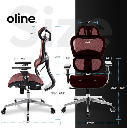 Oline ErgoPro Ergonomic Office Chair with 4D Adjustable Armrest, 3D Lumbar Support and Blade Wheels - Mesh Computer Gaming Rolling Desk Executive Swivel Home Chair (Burgundy Red)