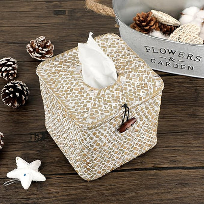 Sumnacon Tissue Box Cover Square Seagrass Tissue Box with Lid, Woven Tissue Box Holder Rustic Cube Tissue Cover for Bathroom Toilet Bedroom Living Room Kitchen Table Desk Office Car, Whitewash