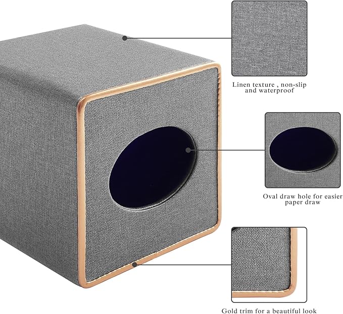 RHCSZ Linen Square Tissue Box Holder Cube Tissue Box Cover－Rosegold Leather Recorate,Napkin Holder Case Dispenser, Tissue Holders with Magnetic Bottom for Home Office Car Hotel Restaurant,Grey