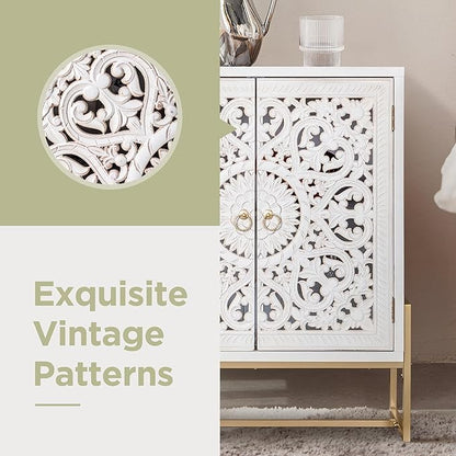 Sophia & William Accent Cabinet with Doors, White Distressed Storage Cabinet Display Cabinet with 2 Hollow-Carved Doors and Metal Legs for Living Room Entryway