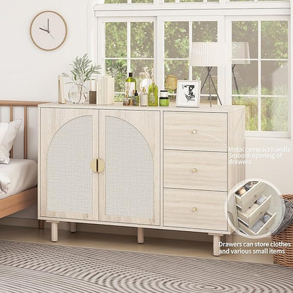 Beige 2 Door 3 Drawer Rattan Cabinet, Accent Storage Cabinets with Cane Door, Stylish Boho Buffet Table with Storage,Black Rattan Cabinet Wood Credenza for Dining Room,Bathroom,Study,Kitchen