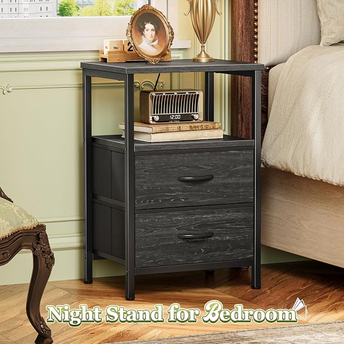 Huuger Night Stand Set of 2, Nightstand with 2 Drawers, Bed Side Table with Open Shelf, Wooden Top, End Table, Fabric Drawer with Charcoal Black Wood Grain Print, for Bedroom