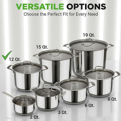 NutriChef 12-Quart Stainless Steel Stockpot – 18/8 Food Grade Heavy-Duty Induction-Compatible Pot with See-Through Lid, Ideal for Stews, Broths, Simmering & Soups, Dishwasher Safe – NCSP12