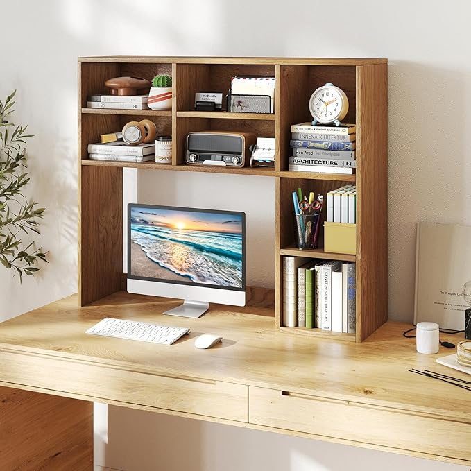 Desk Hutch, Desktop Shelf with 7 Shelves, Desk Bookshelf w/Anti-Toppling Devices, Wood Table Top Bookshelf Organizer, Small Desk Shelf for Study, Office, Dorm (Natural, 7 Shelves)