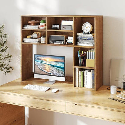 Desk Hutch, Desktop Shelf with 7 Shelves, Desk Bookshelf w/Anti-Toppling Devices, Wood Table Top Bookshelf Organizer, Small Desk Shelf for Study, Office, Dorm (Natural, 7 Shelves)