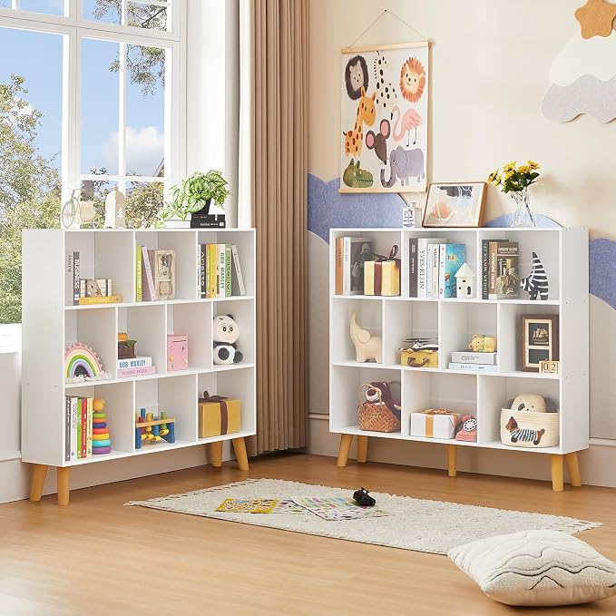 LEYAOYAO 10 Cube Bookshelf,3 Tier Modern Wide Bookcase with Legs,Mid-Century Wood Bookshelves Storage，White Large Book Case,Freestanding Organizer Display Shelf for Bedroom,Living Room,Office