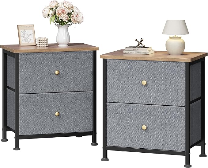 DUMOS Nightstand Small Dresser with 2 Fabric Drawers Side Tables Bedroom End Table Kids Bedside Storage Furniture for 20 inch Tall Night Stand for Closet, Entryway, College Dorm, Blue 2Pack