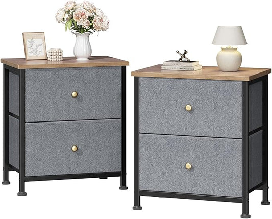 DUMOS Nightstand Small Dresser with 2 Fabric Drawers Side Tables Bedroom End Table Kids Bedside Storage Furniture for 20 inch Tall Night Stand for Closet, Entryway, College Dorm, Blue 2Pack