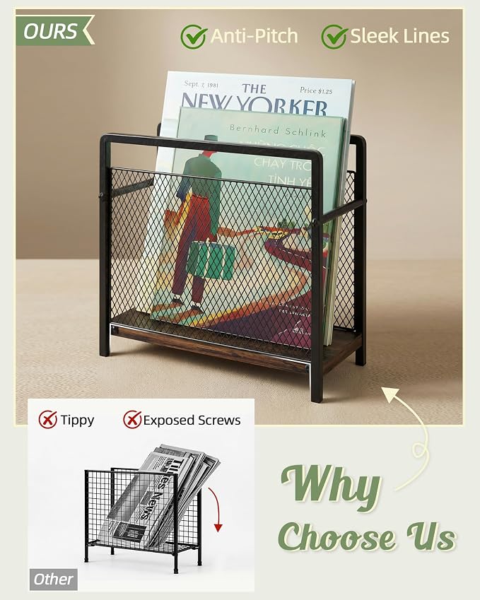 Magazine Holder, Magazine Rack Floor, Metal Mesh with Wood Base Magazine Storage Basket, Folder Organizer Bin for Books, Newspapers, Mails, Files, Dark Brown
