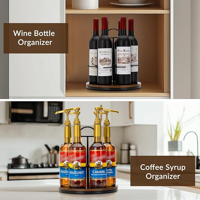 Rotating Coffee Syrup Organizer Hold 6 Bottles, Wood Coffee Syrup Rack for Countertop, Large Bottle Holder Stand for Bar Station, Turntable Wine Display Tray (Black - 6 Bottles)